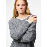 PIECES Pieces dame strik kjole PCIVY Dress Medium Grey Melange Detail:WHITE CONTRAST