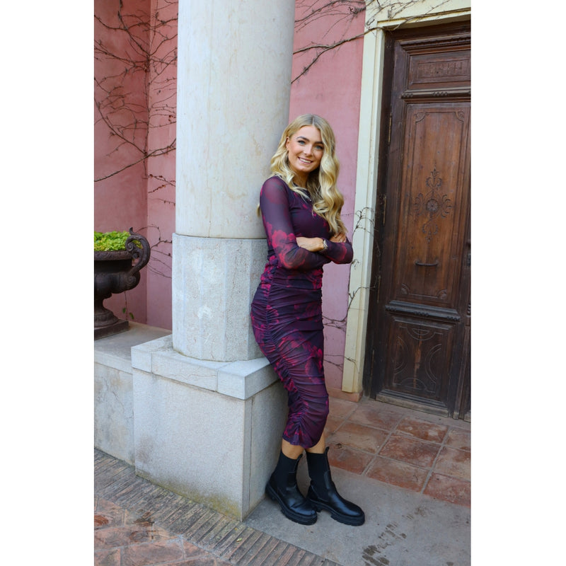 Liberté LIBERTÉ DAME KJOLE MESH LS LONG DRESS Dress Black bordeaux flower