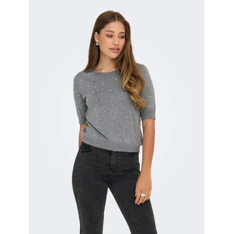 ONLY ONLY DAME STRIKTRØJE ONLVENICE Knit Light Grey Melange White Pearls