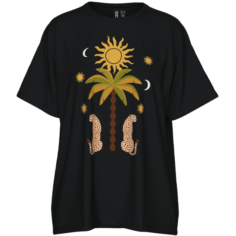 PIECES PIECES dame t-shirt PCHANNAH T-shirt Black Palm/cheetah