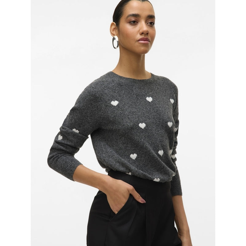 Vero Moda VERO MODA DAME STRIKTRØJE VMDOFFY Knit Dark Grey Melange White Hearts