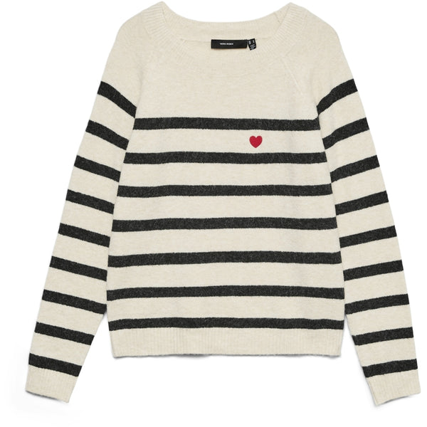 Vero Moda VERO MODA Dame Pullover VMDoffy Knit Birch Black Stripes and Ribbon Red Harts