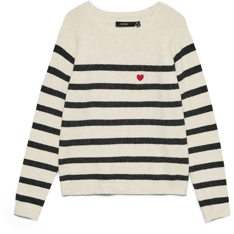 Vero Moda VERO MODA Dame Pullover VMDoffy Knit Birch Black Stripes and Ribbon Red Harts
