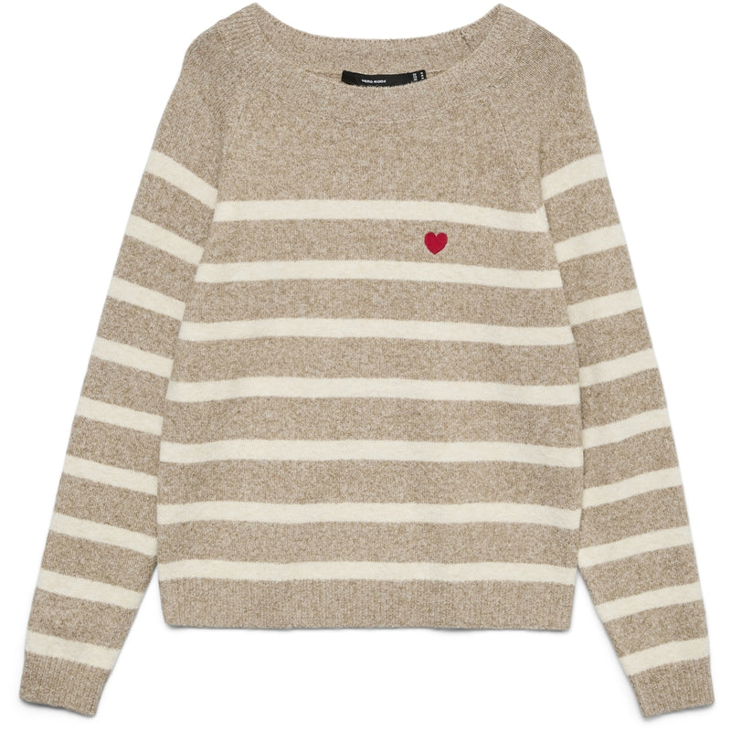 Vero Moda VERO MODA Dame Pullover VMDoffy Knit Sepia Tint Birch Stripe And Ribbon Red Heart